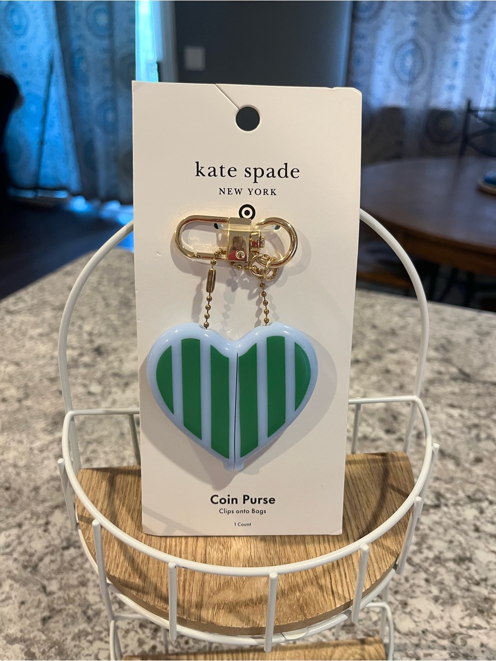 kate spade Green Stripe Heart Coin Purse Keychain